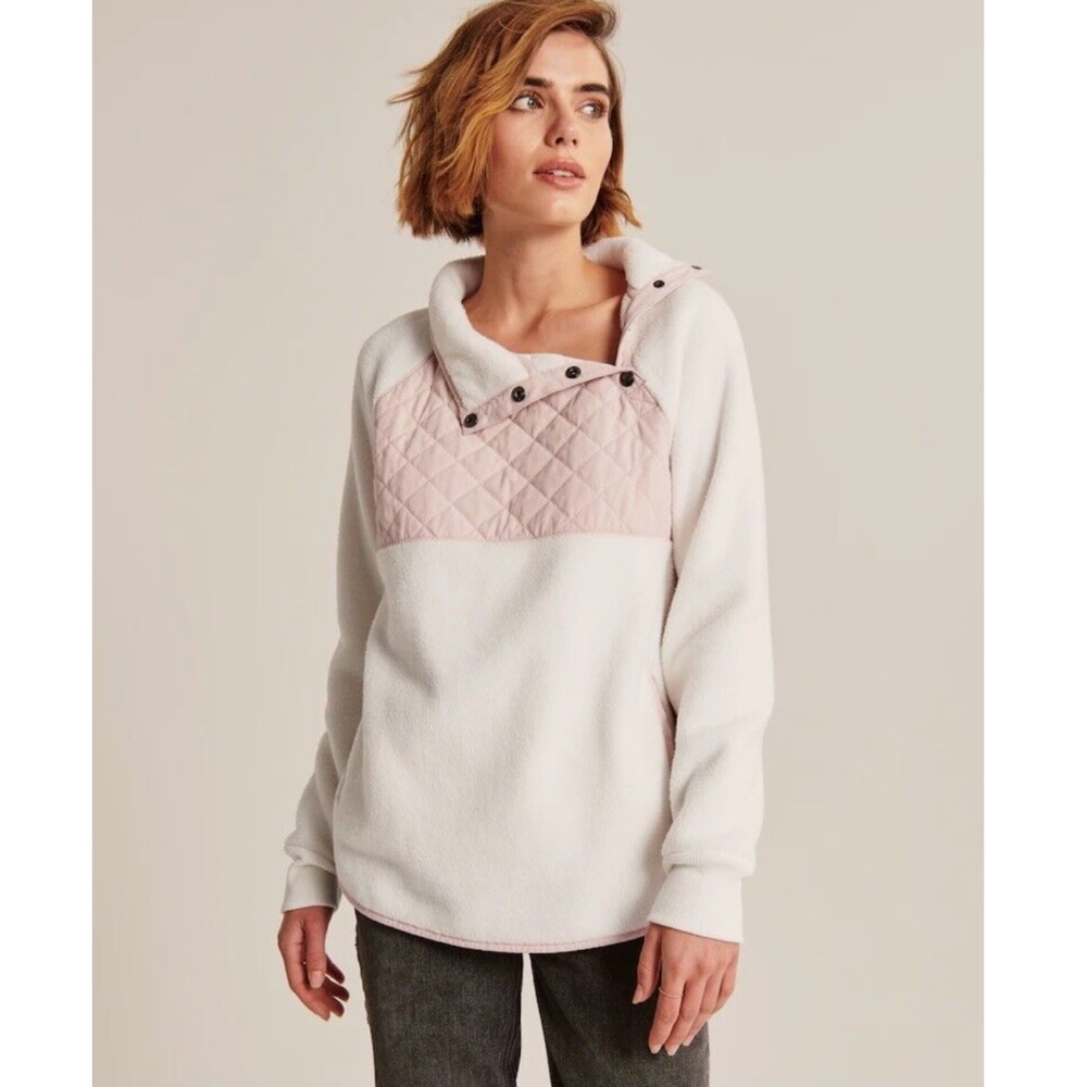 Abercrombie & Fitch Asymmetrical Snap Up Fleece Sweatshirt White and Tan Small